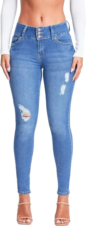 YMI Womens 3-Button High-Rise Skinny Jean Made with Recycled Fibers