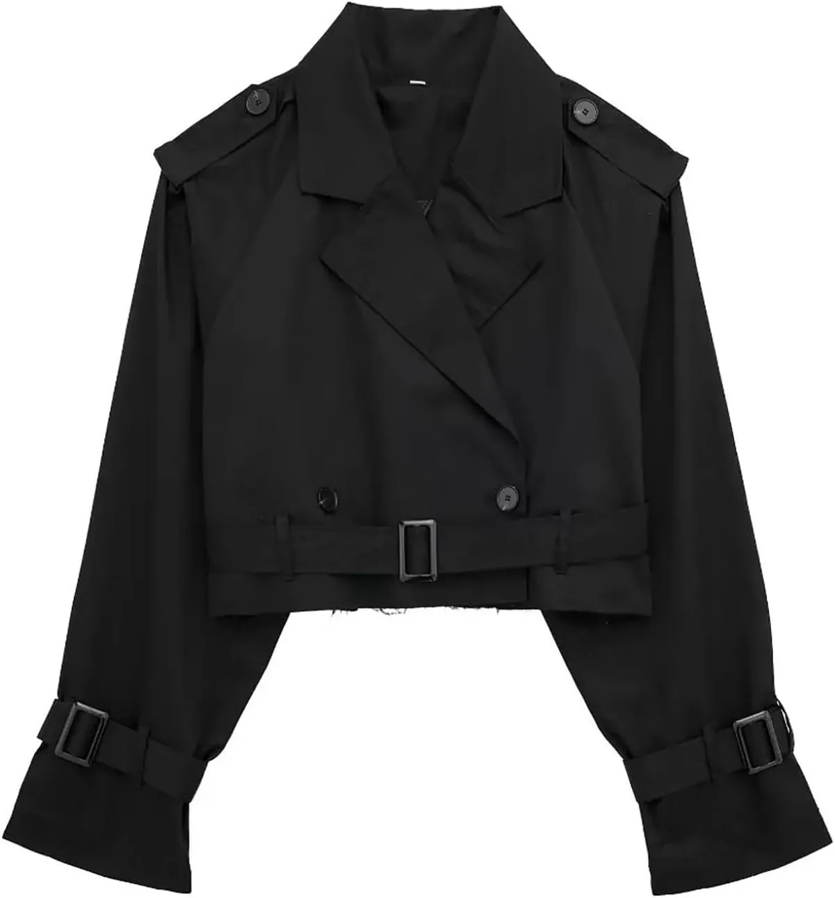 YRAETENM Cropped Trench Coat for Women Lightweight Lapel Double Breasted Short Jacket Belted Long Sleeve Fall Fashion Outwear