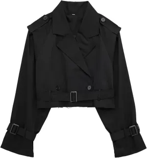 YRAETENM Cropped Trench Coat for Women Lightweight Lapel Double Breasted Short Jacket Belted Long Sleeve Fall Fashion Outwear
