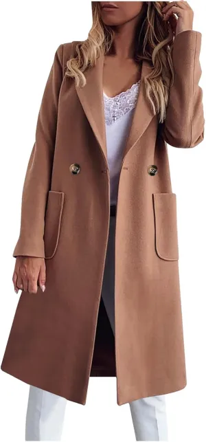 YRAETENM Trench Coat Women Double Breasted Winter Wool Blend Coats Casual Notch Lapel Midi Long Warm Pea Coat Long Jackets