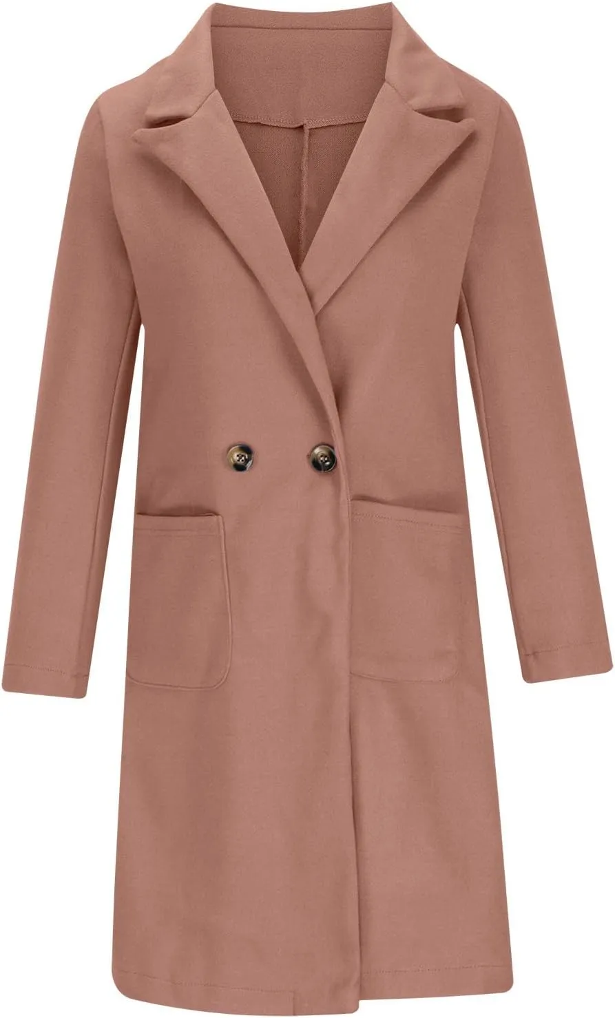 YRAETENM Trench Coat Women Double Breasted Winter Wool Blend Coats Casual Notch Lapel Midi Long Warm Pea Coat Long Jackets