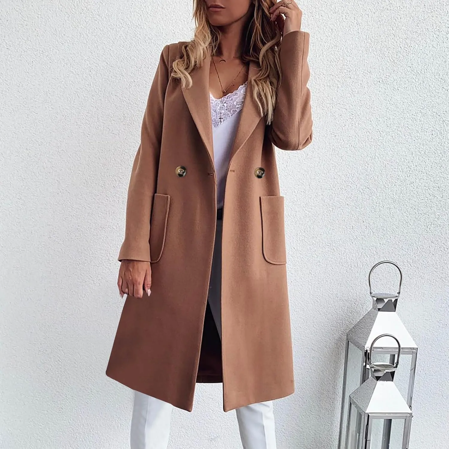 YRAETENM Trench Coat Women Double Breasted Winter Wool Blend Coats Casual Notch Lapel Midi Long Warm Pea Coat Long Jackets