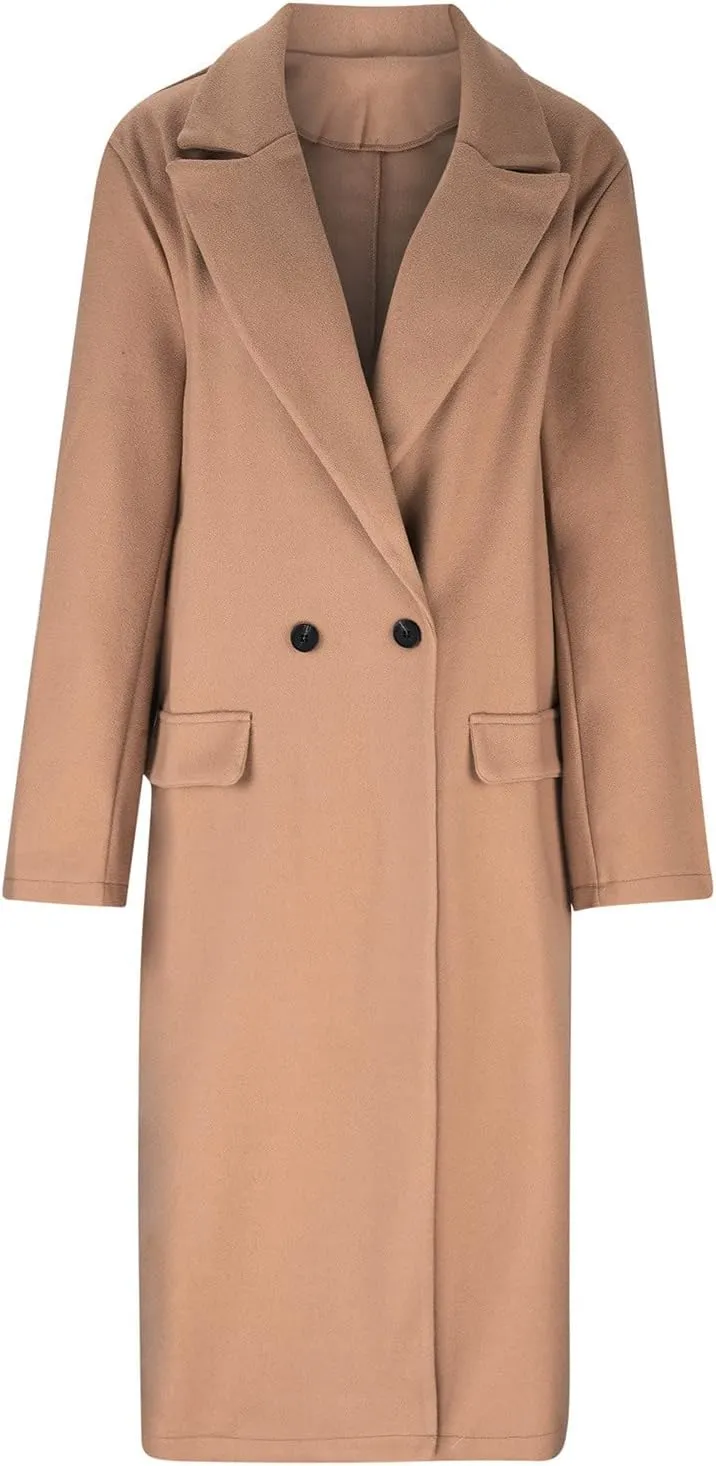 YRAETENM Trench Coat Women Oversized Notch Lapel Mid Long Wool Blend Coat Business Casual Fall Winter Pea Coat with Pockets
