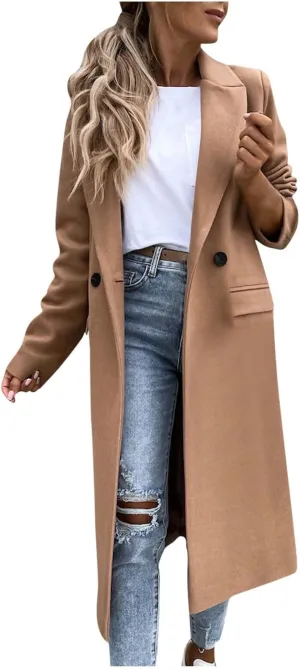 YRAETENM Trench Coat Women Oversized Notch Lapel Mid Long Wool Blend Coat Business Casual Fall Winter Pea Coat with Pockets