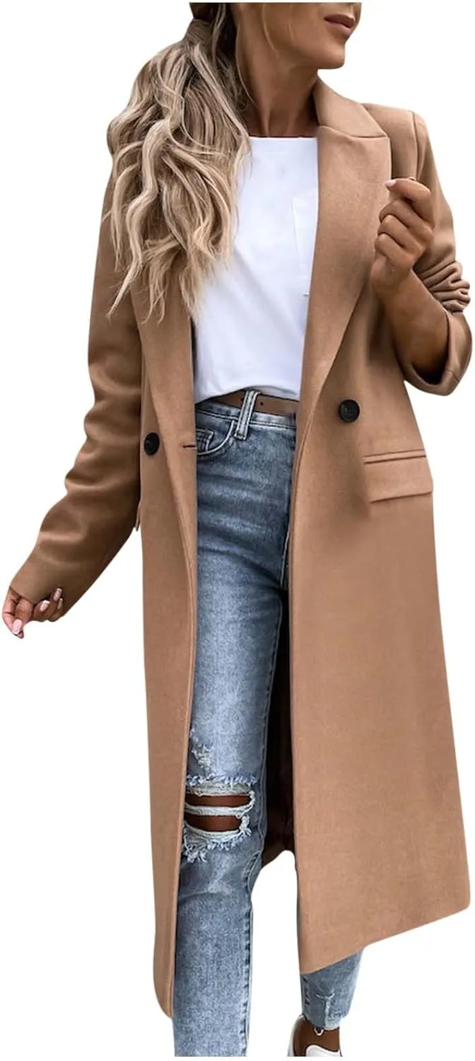 YRAETENM Trench Coat Women Oversized Notch Lapel Mid Long Wool Blend Coat Business Casual Fall Winter Pea Coat with Pockets