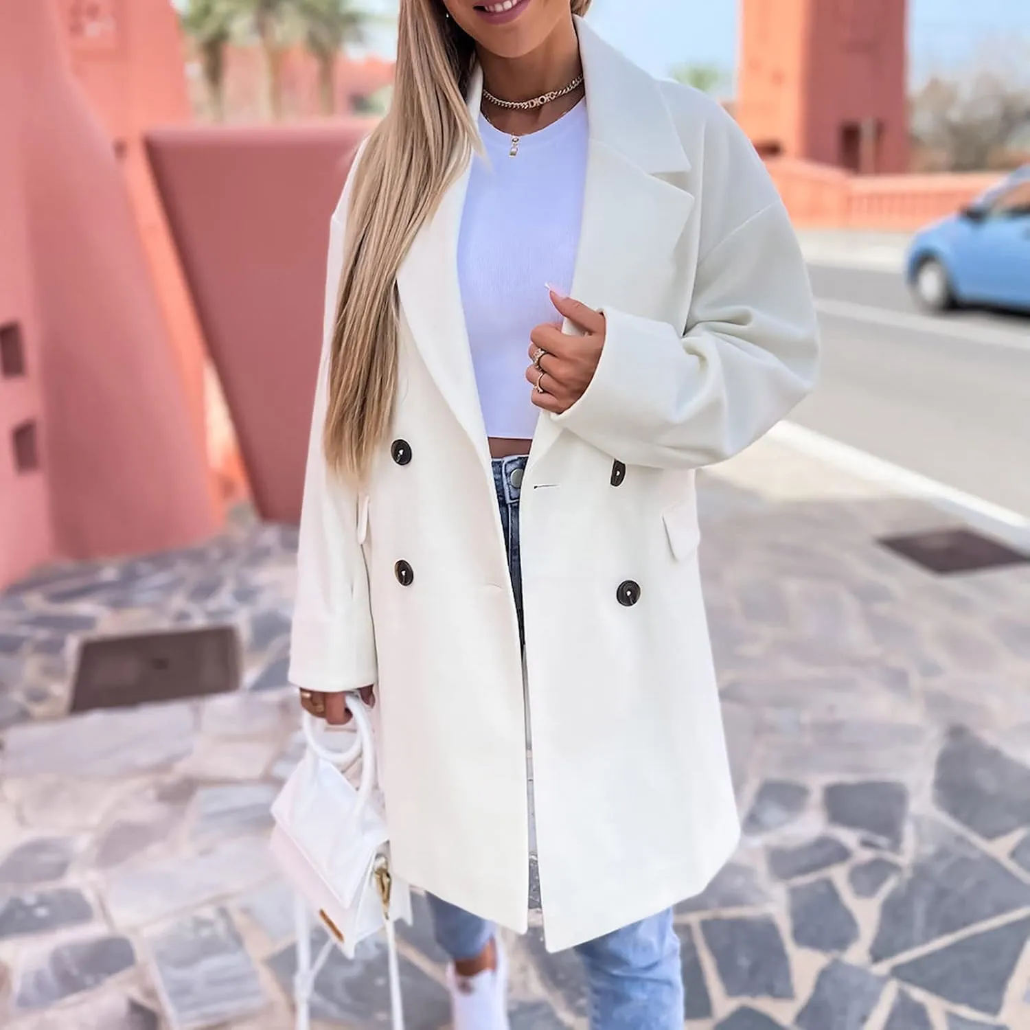 YRAETENM Trench Coat Women Winter Notched Lapel Double Breasted Jackets Casual Classic Long Pea Coat Wool Blend Overcoats