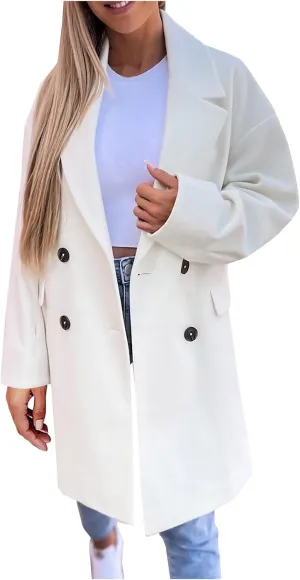YRAETENM Trench Coat Women Winter Notched Lapel Double Breasted Jackets Casual Classic Long Pea Coat Wool Blend Overcoats