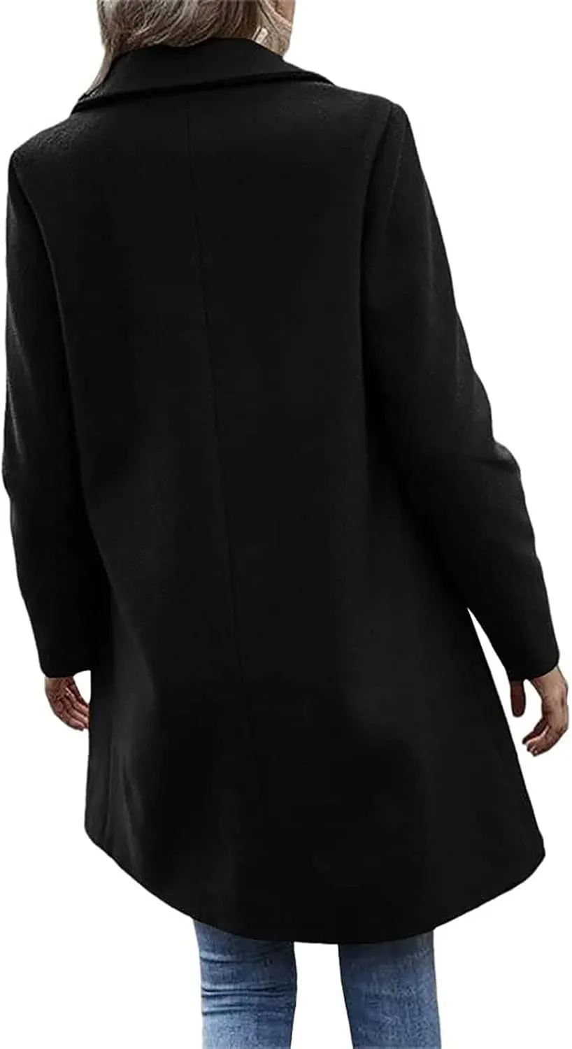 YRAETENM Trench Coats for Women Chic Notch Lapel One Button Mid Long Pea Coats Fall Winter Plus Size Warm Overcoat Outwear