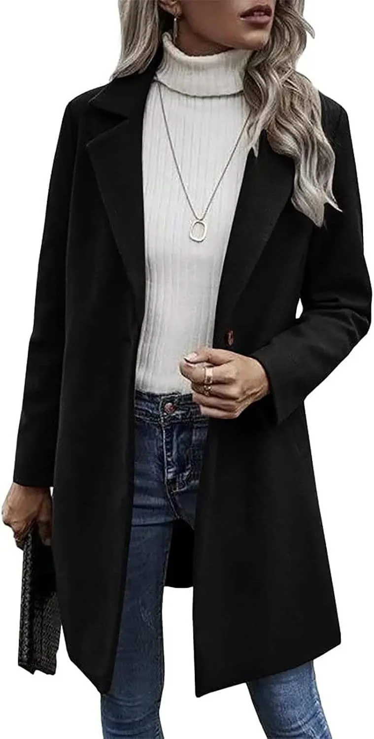 YRAETENM Trench Coats for Women Chic Notch Lapel One Button Mid Long Pea Coats Fall Winter Plus Size Warm Overcoat Outwear