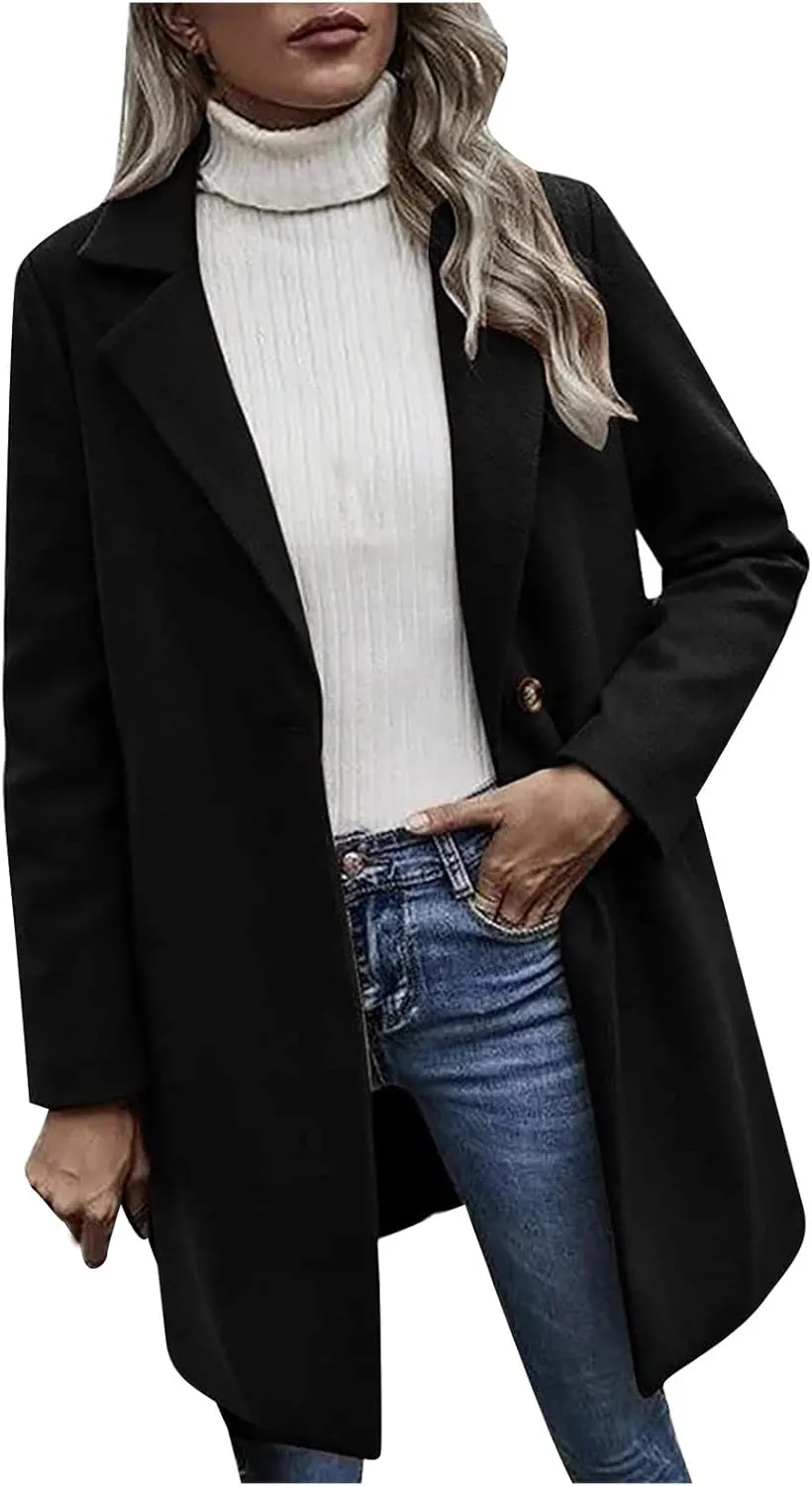 YRAETENM Trench Coats for Women Chic Notch Lapel One Button Mid Long Pea Coats Fall Winter Plus Size Warm Overcoat Outwear