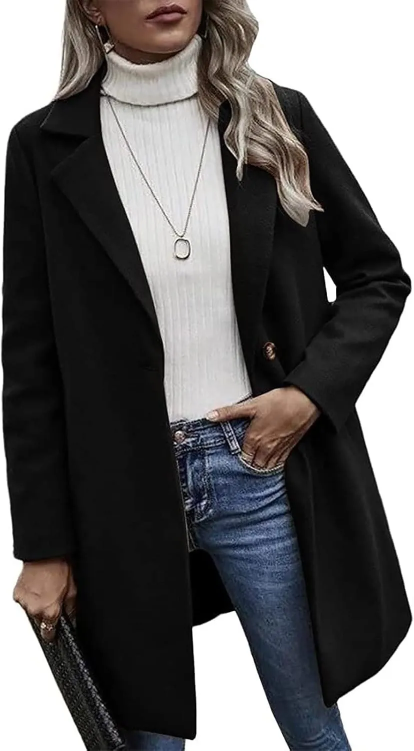 YRAETENM Trench Coats for Women Chic Notch Lapel One Button Mid Long Pea Coats Fall Winter Plus Size Warm Overcoat Outwear