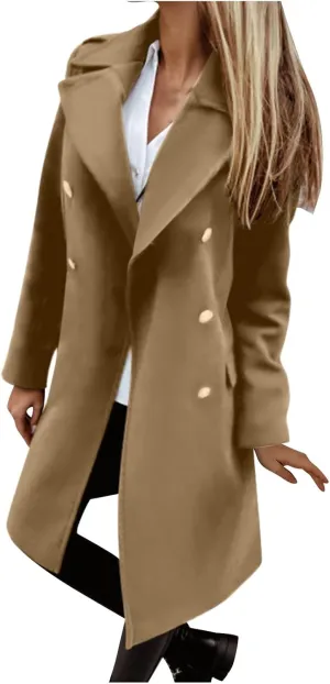 YRAETENM Winter Coats for Women 2024 Notched Lapel Collar Double Breasted Pea Coats Plus Size Mid-Long Wool Trench Coat