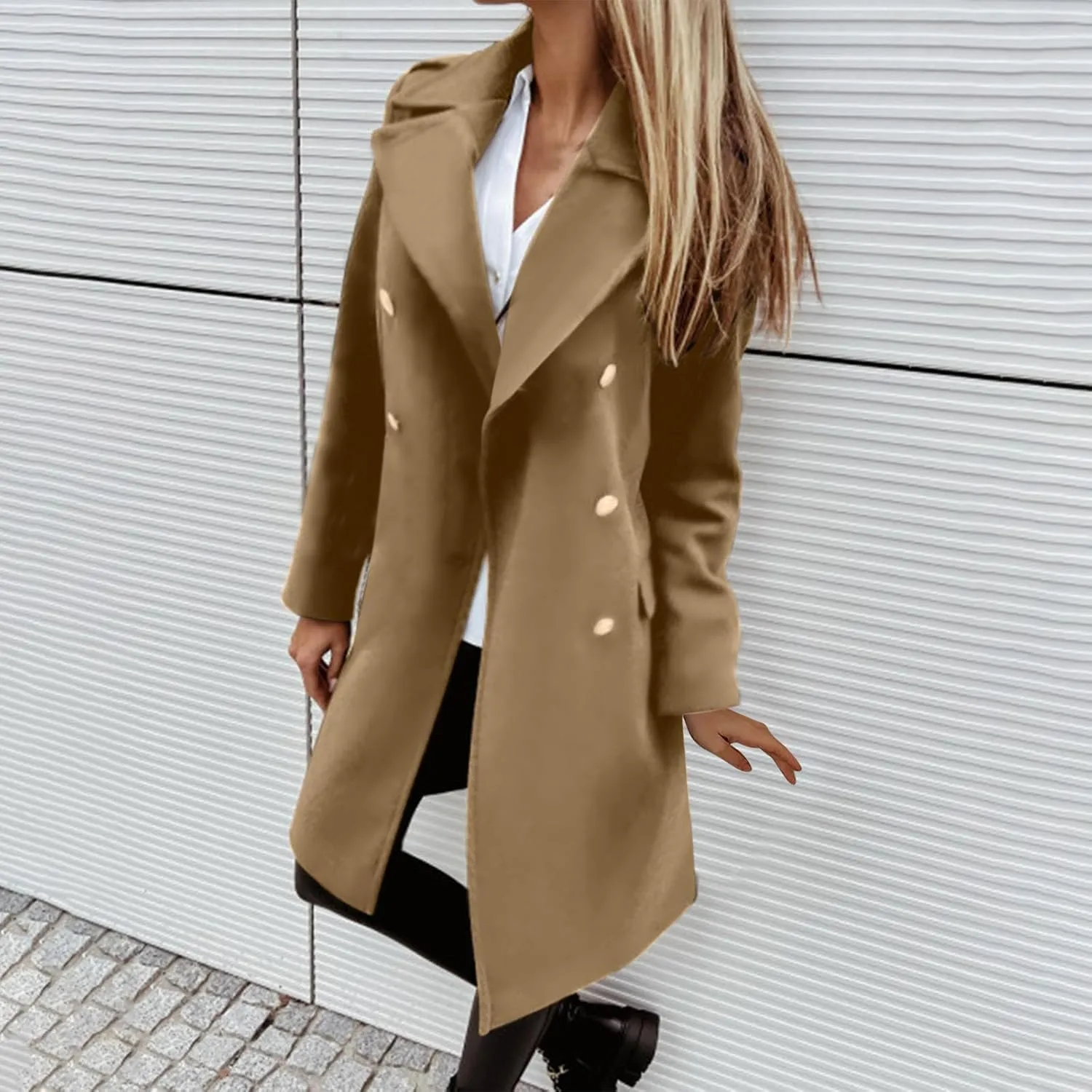 YRAETENM Winter Coats for Women 2024 Notched Lapel Collar Double Breasted Pea Coats Plus Size Mid-Long Wool Trench Coat