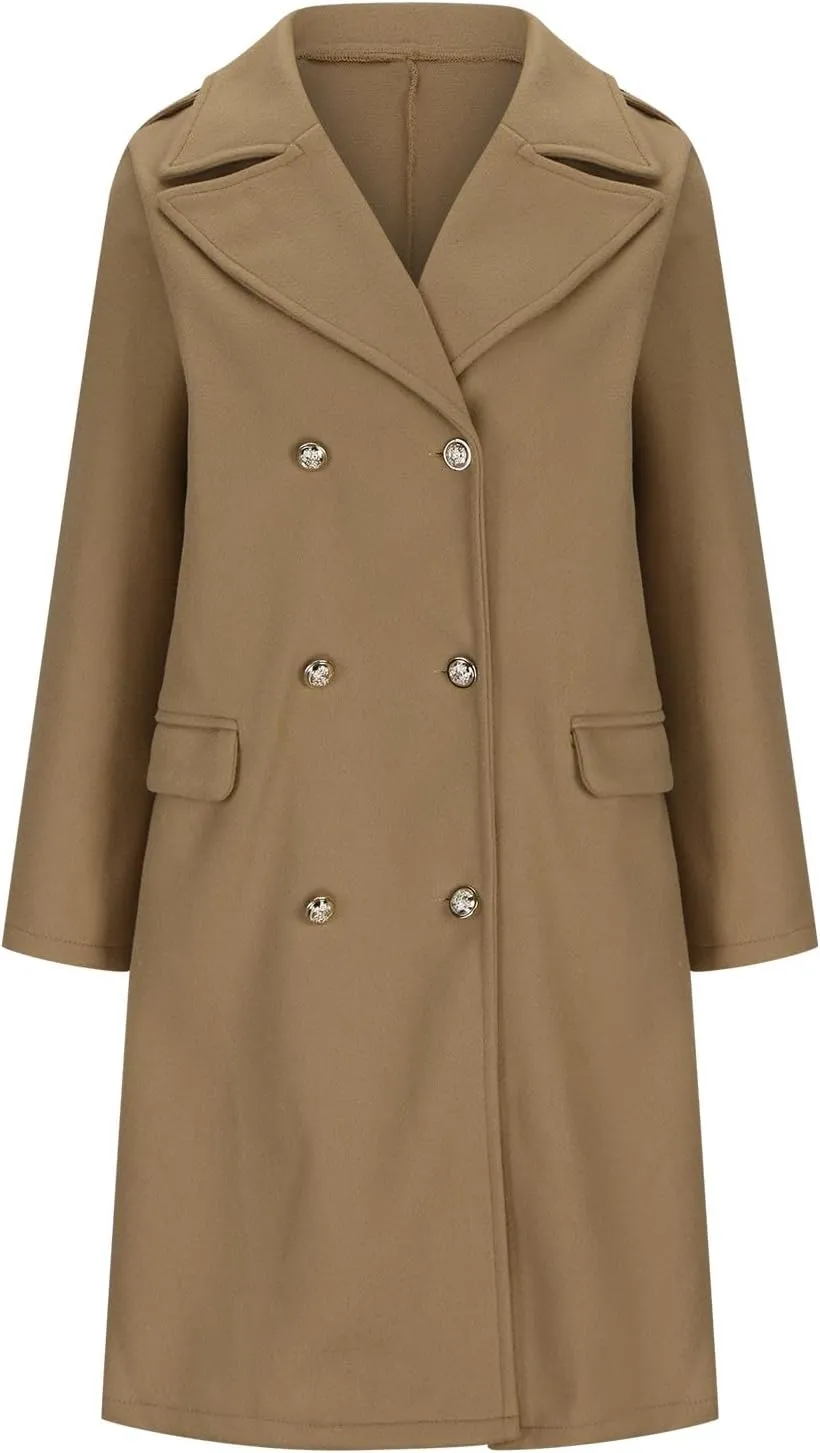 YRAETENM Winter Coats for Women 2024 Notched Lapel Collar Double Breasted Pea Coats Plus Size Mid-Long Wool Trench Coat