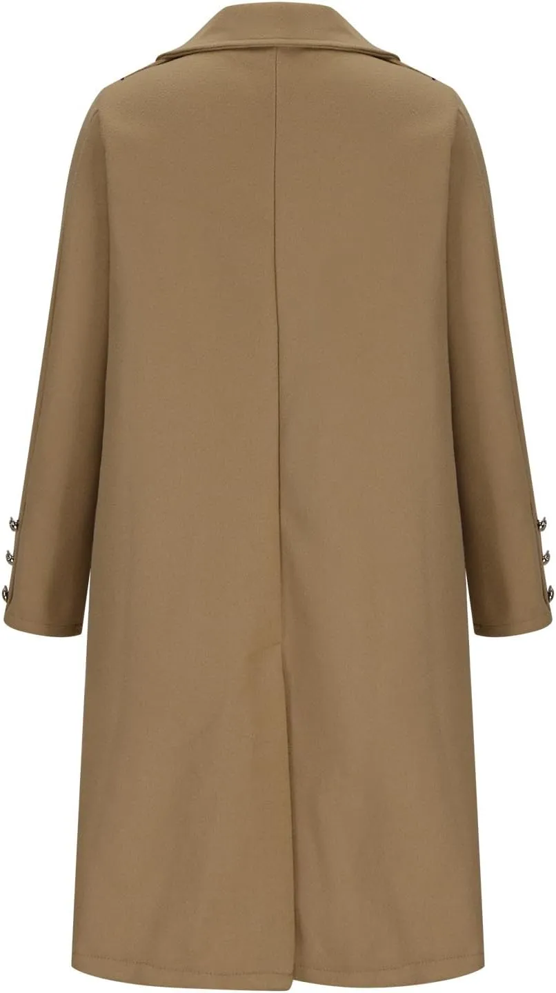 YRAETENM Winter Coats for Women 2024 Notched Lapel Collar Double Breasted Pea Coats Plus Size Mid-Long Wool Trench Coat