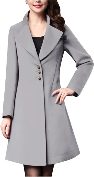 YRAETENM Winter Coats for Women Elegant Single Breasted Long Wool Coat Overcoat Casual Slim Fit Lapel Collar Trench Coats