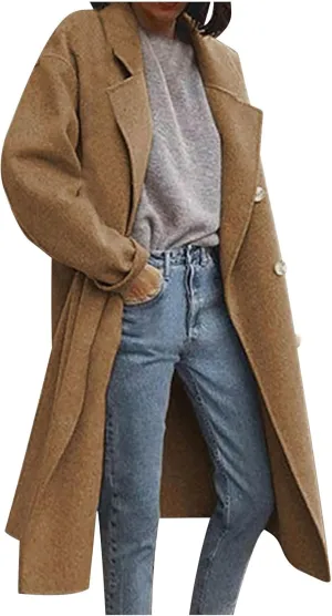 YRAETENM Winter Trench Coat Women Classic Double Breasted Wool Pea Coat Fashion Elegant Notched Lapel Warm Overcoat Jacket