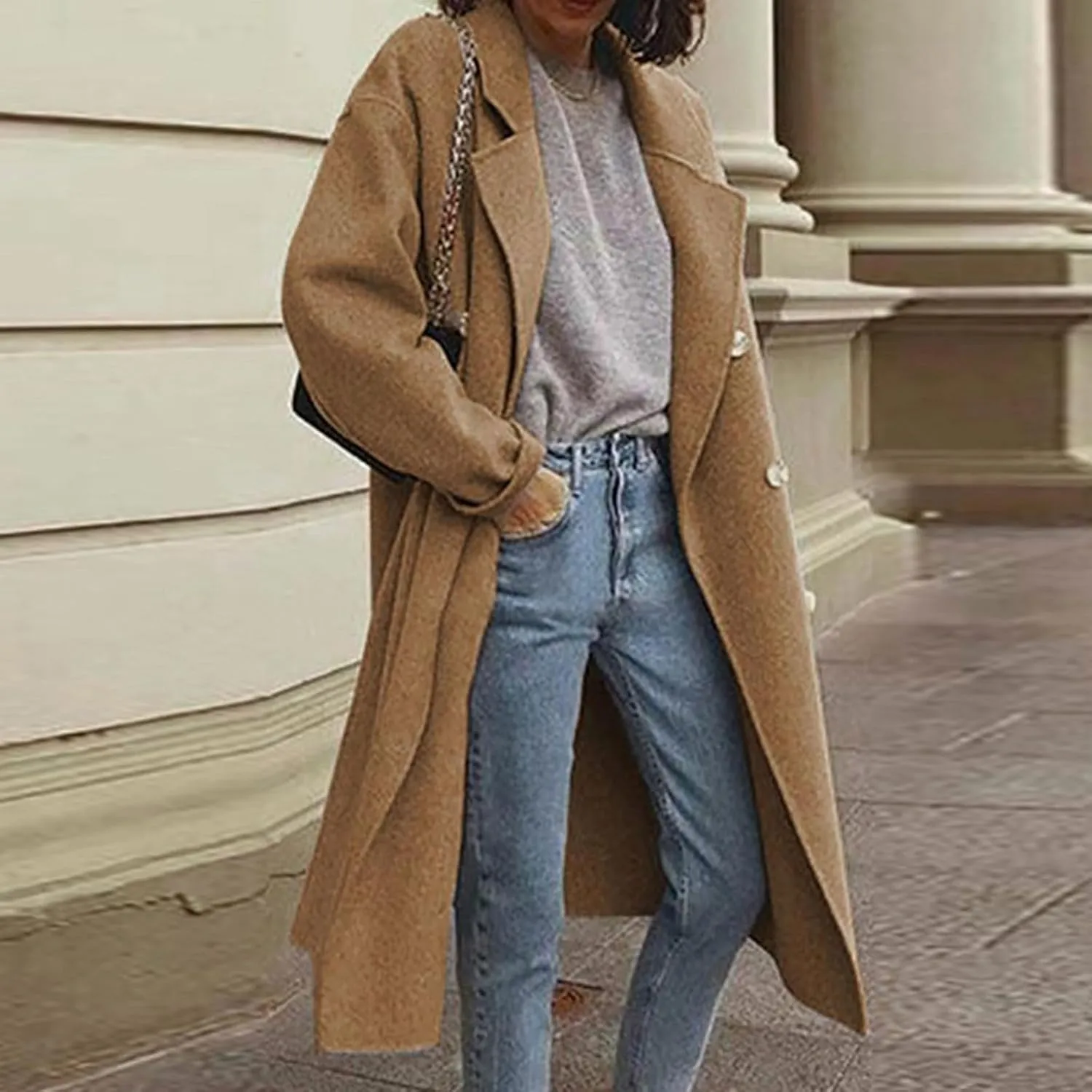 YRAETENM Winter Trench Coat Women Classic Double Breasted Wool Pea Coat Fashion Elegant Notched Lapel Warm Overcoat Jacket