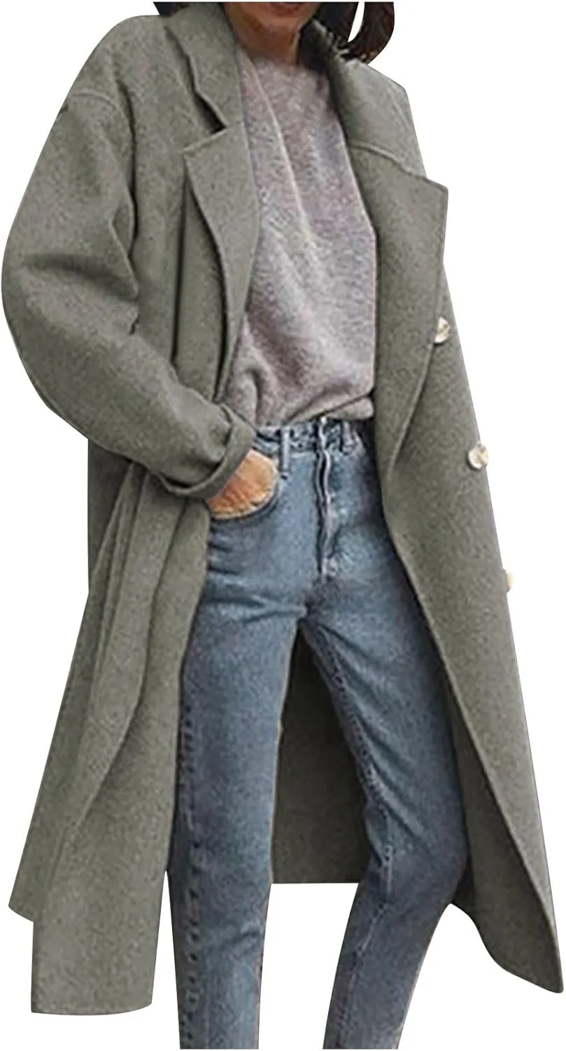 YRAETENM Winter Trench Coat Women Classic Double Breasted Wool Pea Coat Fashion Elegant Notched Lapel Warm Overcoat Jacket