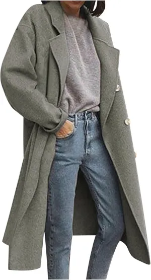 YRAETENM Winter Trench Coat Women Classic Double Breasted Wool Pea Coat Fashion Elegant Notched Lapel Warm Overcoat Jacket