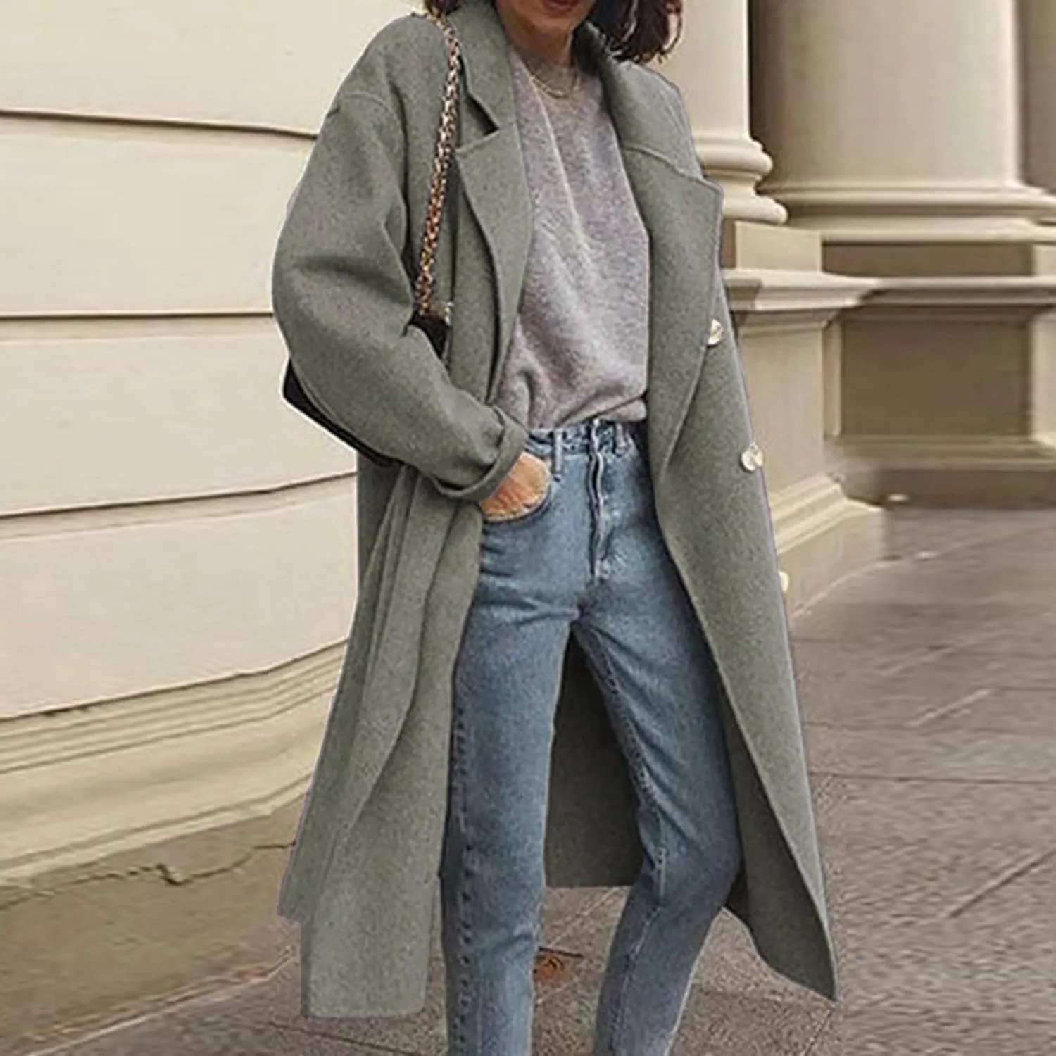YRAETENM Winter Trench Coat Women Classic Double Breasted Wool Pea Coat Fashion Elegant Notched Lapel Warm Overcoat Jacket