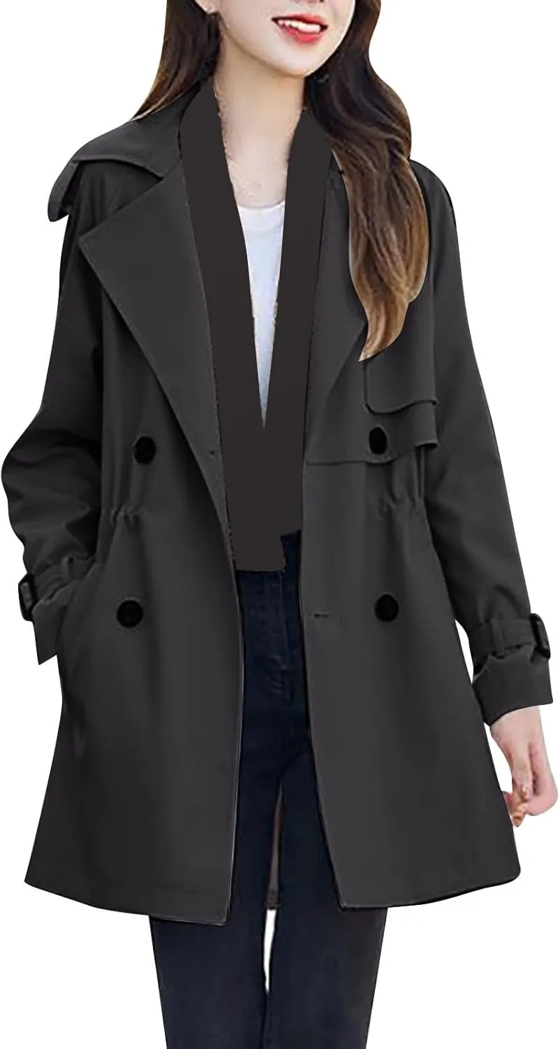 YRAETENM Women Hooded Trench Coat Lightwieght Double Breasted Anoraks Wind Breaker Elegant Long Jacket Fall Clothes Outfits
