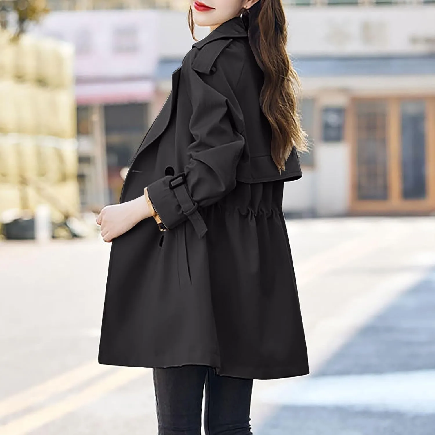 YRAETENM Women Hooded Trench Coat Lightwieght Double Breasted Anoraks Wind Breaker Elegant Long Jacket Fall Clothes Outfits
