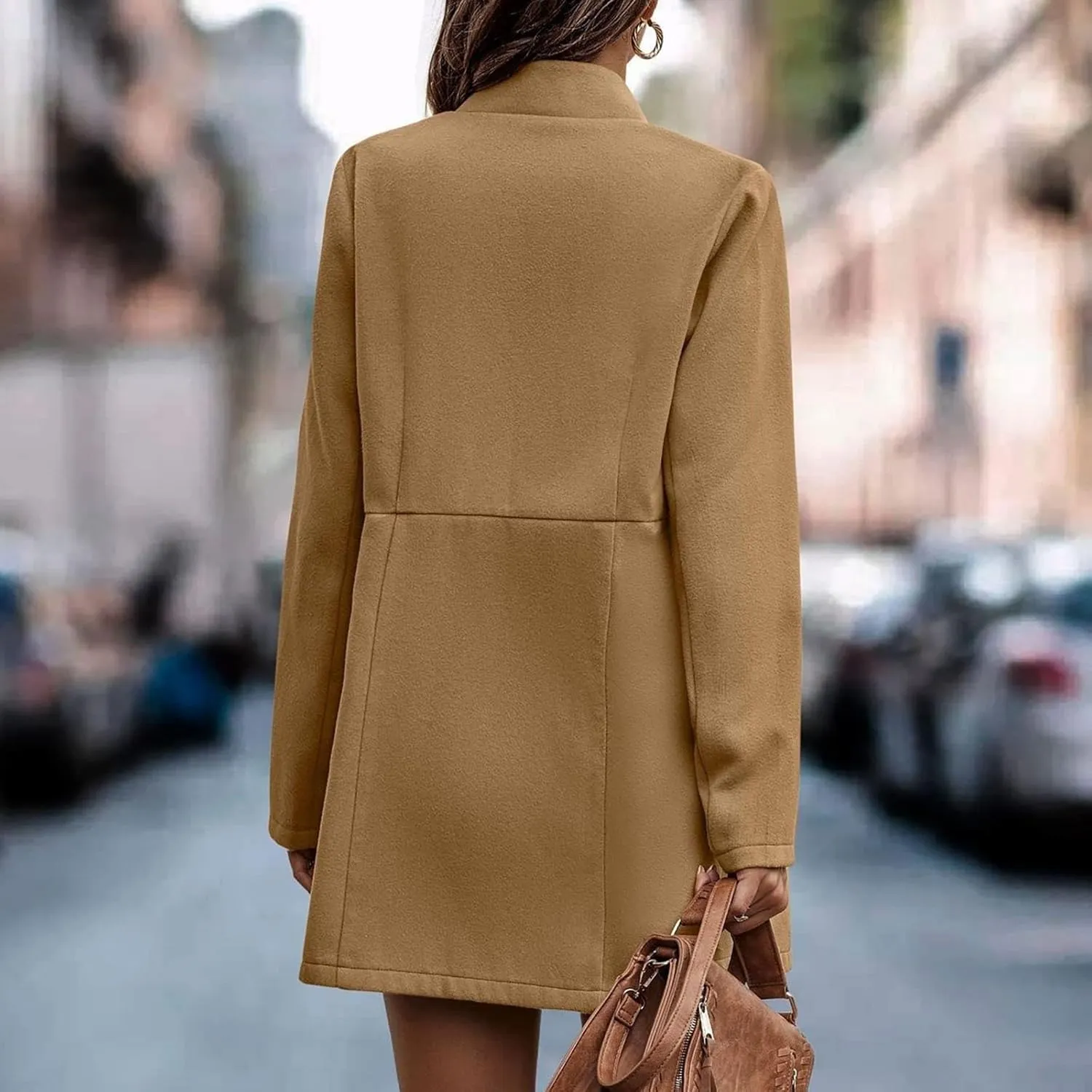 YRAETENM Women Winter Wool Jacket Fall Tailored Open Front Blazer Pea Coat Work Office Woolen Mid Long Cardigan Trench Coat