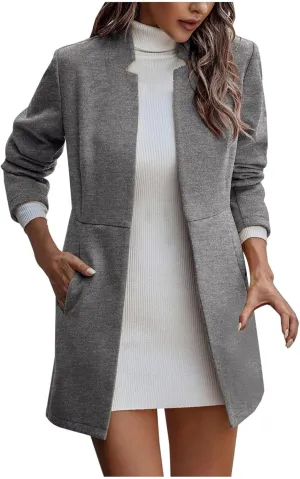 YRAETENM Women Winter Wool Jacket Fall Tailored Open Front Blazer Pea Coat Work Office Woolen Mid Long Cardigan Trench Coat