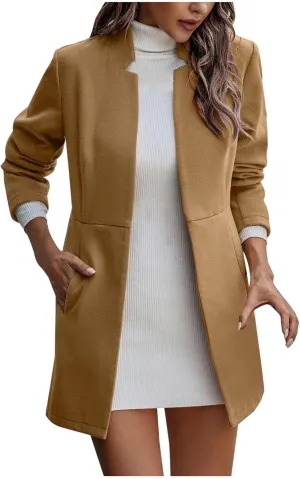 YRAETENM Women Winter Wool Jacket Fall Tailored Open Front Blazer Pea Coat Work Office Woolen Mid Long Cardigan Trench Coat
