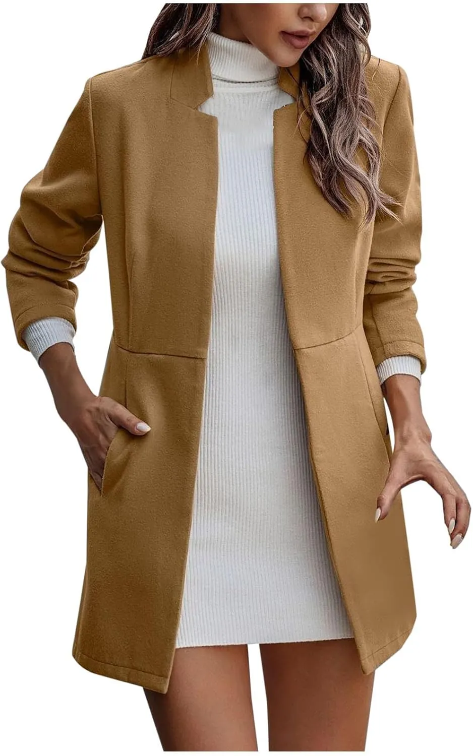 YRAETENM Women Winter Wool Jacket Fall Tailored Open Front Blazer Pea Coat Work Office Woolen Mid Long Cardigan Trench Coat