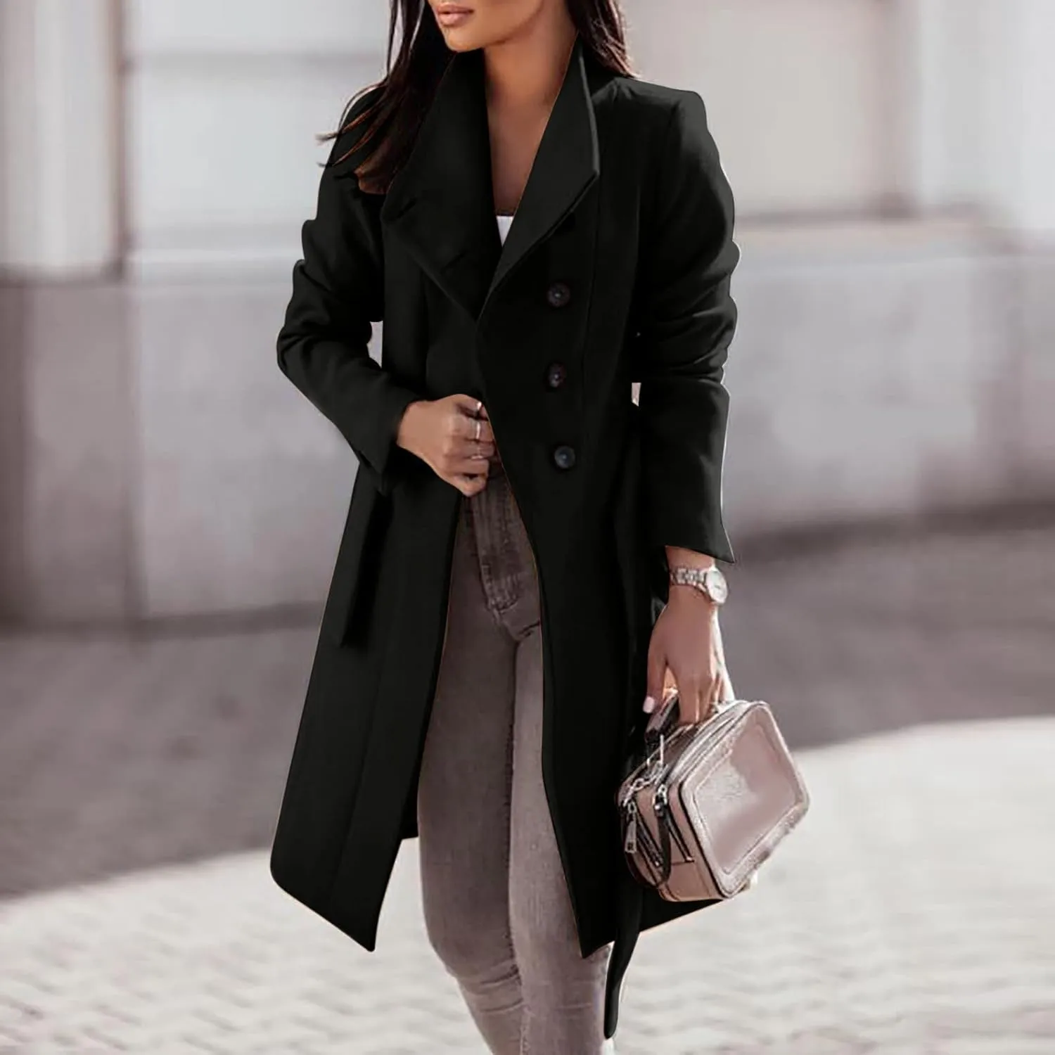 YRAETENM Womens Long Wool Coat Single Breasted Shawl Collar Trench Coat Classic Warm Jacket Fall Winter Pea Coat with Belt