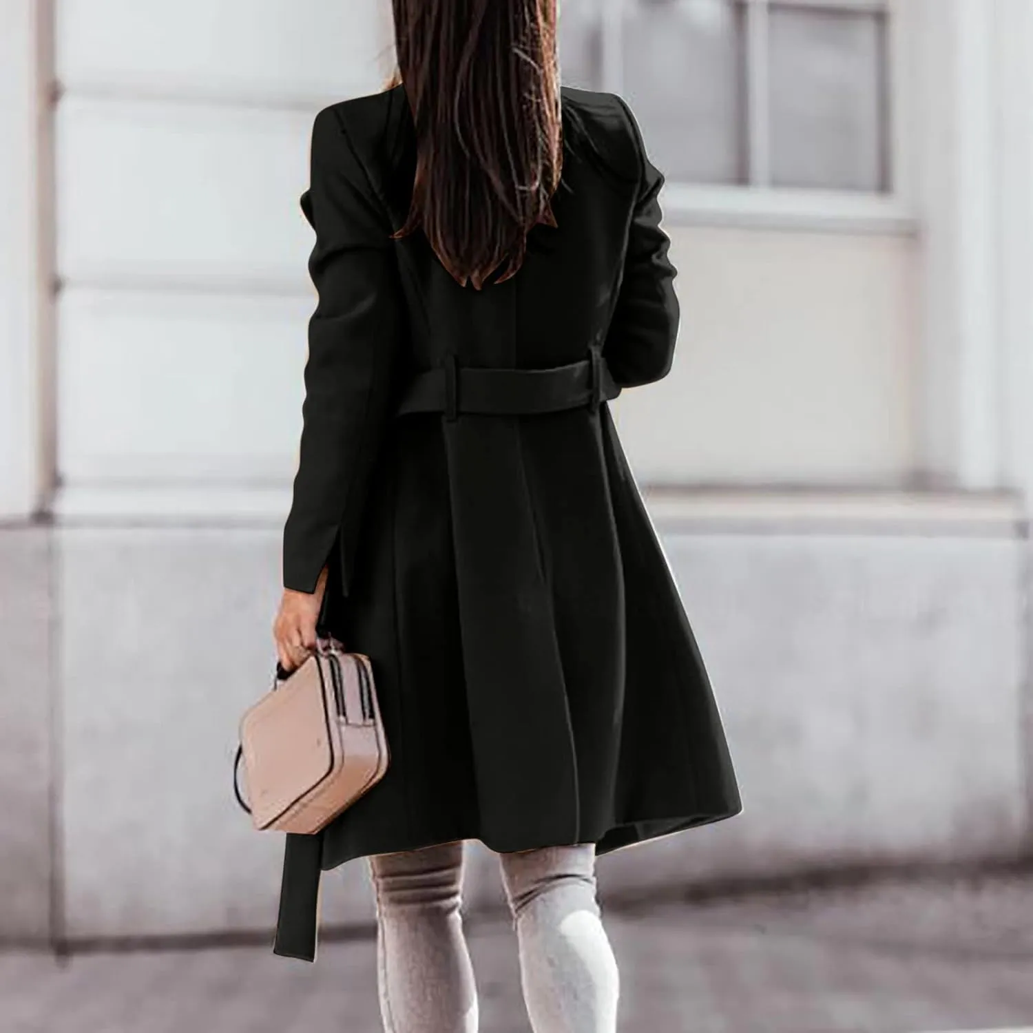 YRAETENM Womens Long Wool Coat Single Breasted Shawl Collar Trench Coat Classic Warm Jacket Fall Winter Pea Coat with Belt