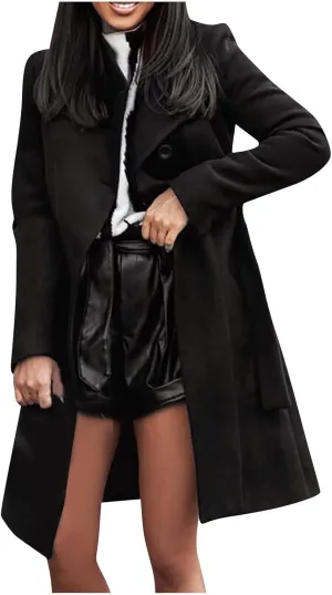 YRAETENM Womens Long Wool Coat Single Breasted Shawl Collar Trench Coat Classic Warm Jacket Fall Winter Pea Coat with Belt