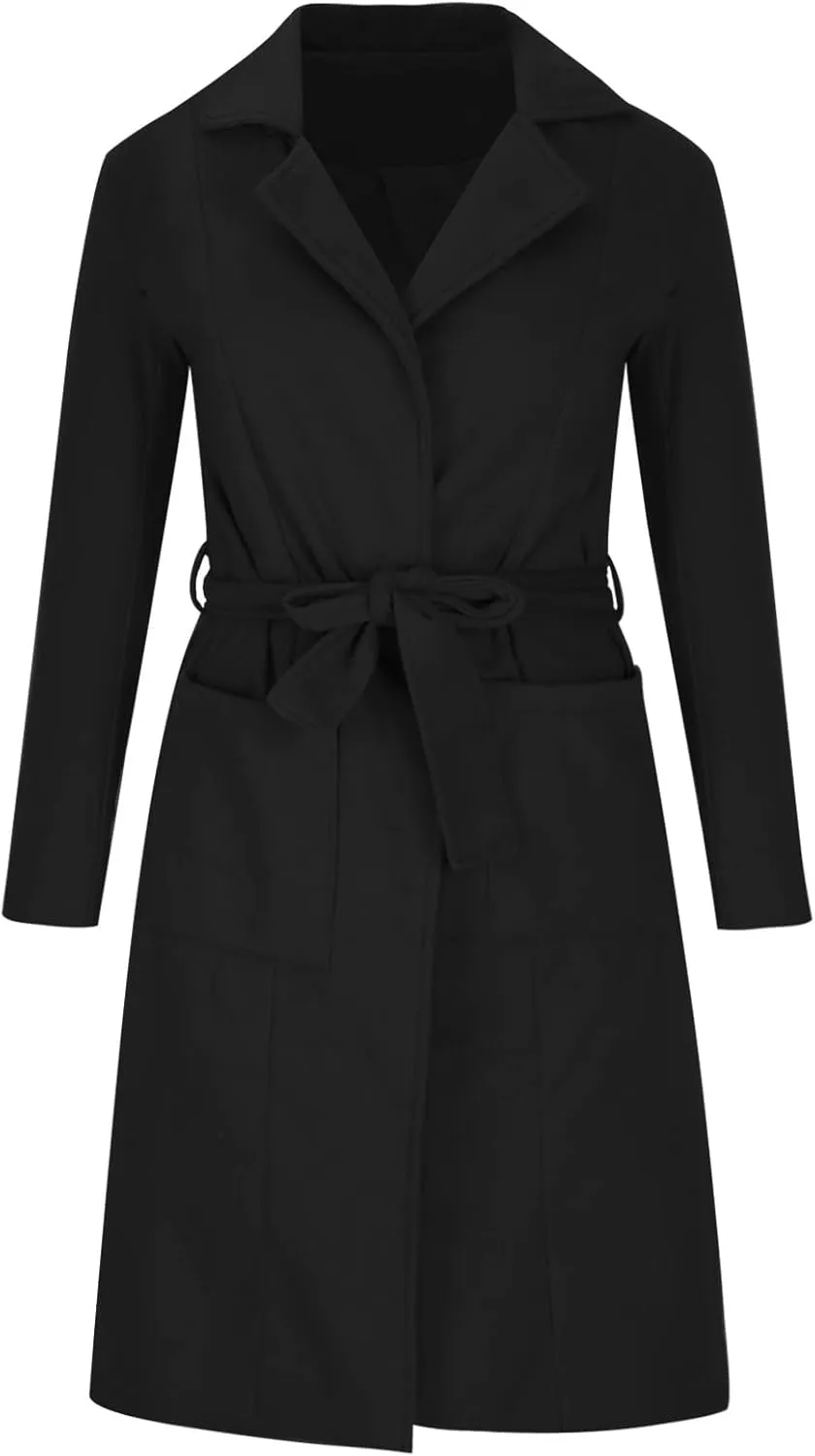 YRAETENM Women's Notch Lapel Collar Pea Coat Casual Fall Winter Long Wool Blend Coat Thick Warm Overcoat Outerwear with Belt