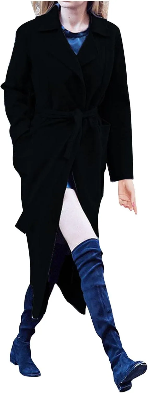YRAETENM Women's Notch Lapel Collar Pea Coat Casual Fall Winter Long Wool Blend Coat Thick Warm Overcoat Outerwear with Belt