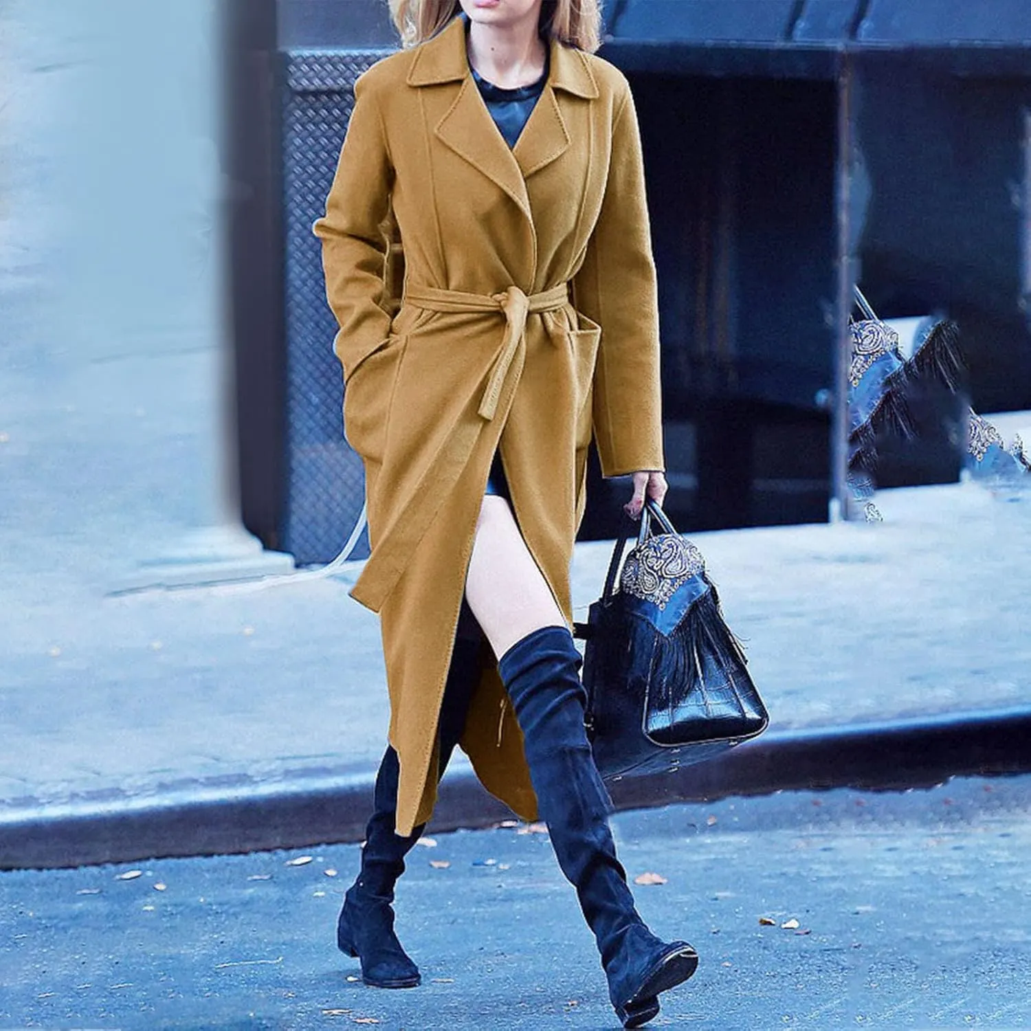 YRAETENM Women's Notch Lapel Collar Pea Coat Casual Fall Winter Long Wool Blend Coat Thick Warm Overcoat Outerwear with Belt