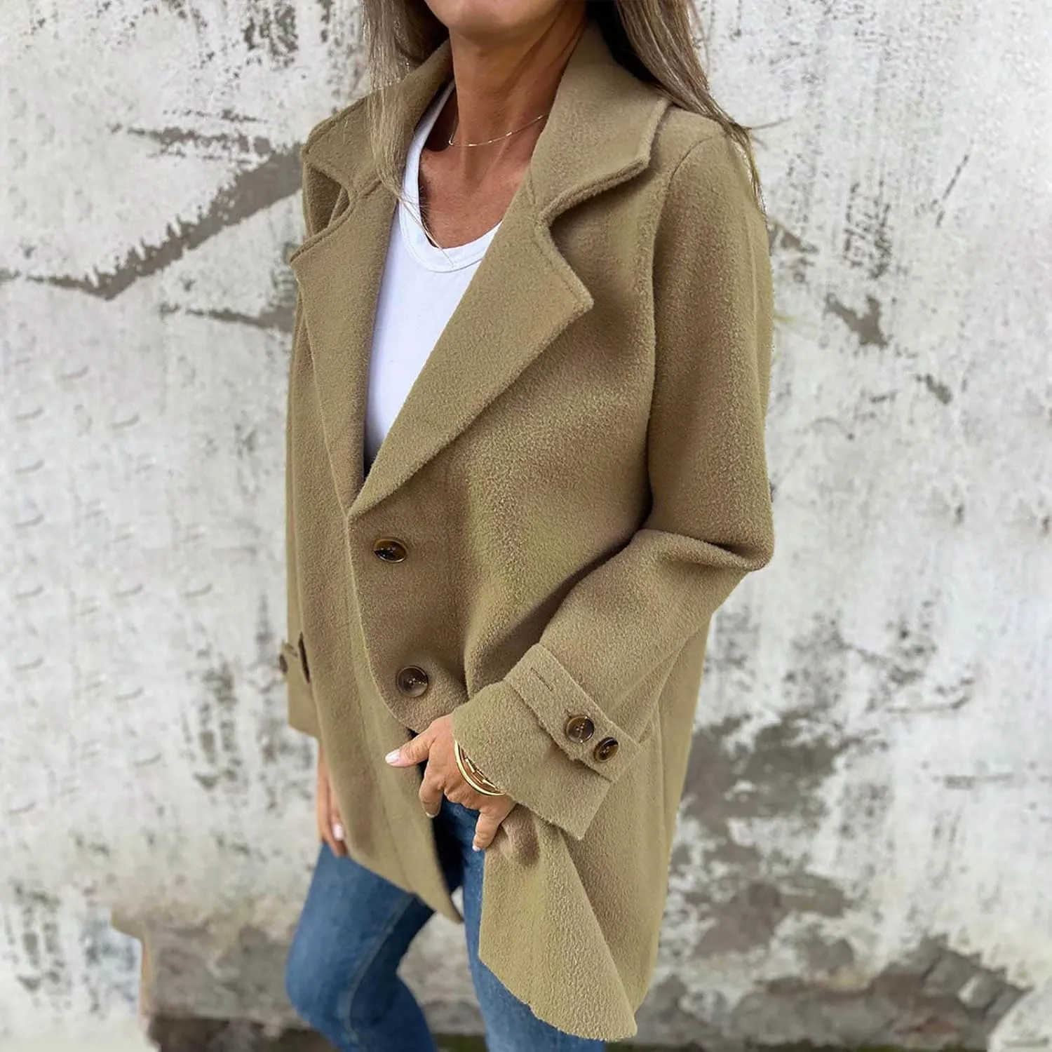YRAETENM Womens Pea Coat Casual Notch Lapel Single Breasted Trench Coat Fall Winter Long Jackets Warm Open Front Wool Coat