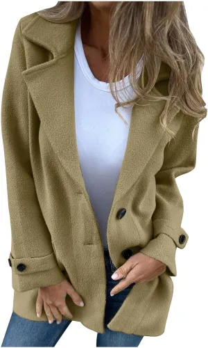 YRAETENM Womens Pea Coat Casual Notch Lapel Single Breasted Trench Coat Fall Winter Long Jackets Warm Open Front Wool Coat