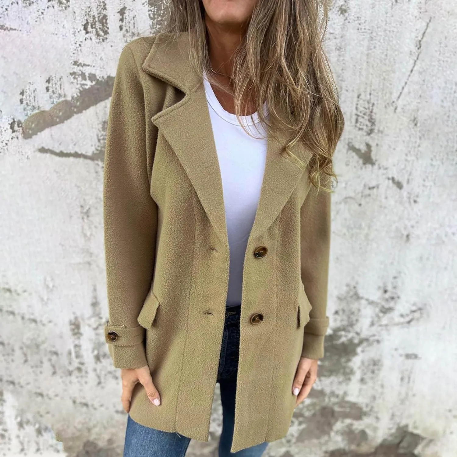 YRAETENM Womens Pea Coat Casual Notch Lapel Single Breasted Trench Coat Fall Winter Long Jackets Warm Open Front Wool Coat