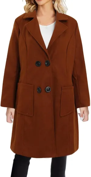 YRAETENM Women's Plus Size Long Winter Coats Notch Lapel Double Breasted Trench Coats Casual Mid Long Pea Coat with Pockets