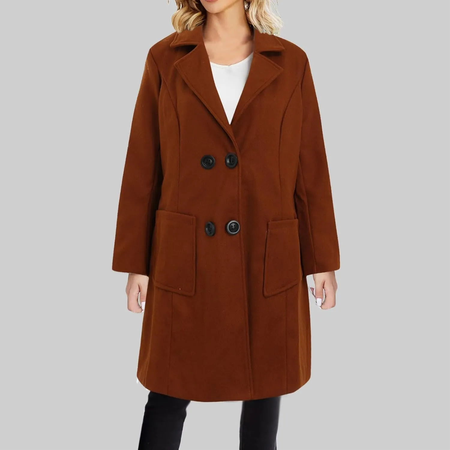 YRAETENM Women's Plus Size Long Winter Coats Notch Lapel Double Breasted Trench Coats Casual Mid Long Pea Coat with Pockets