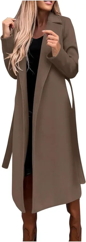 YRAETENM Women's Trench Coat Notch Lapel Collar Pea Coat Long Sleeve Wrap Coat Casual Fall Winter Long Overcoat with Belt