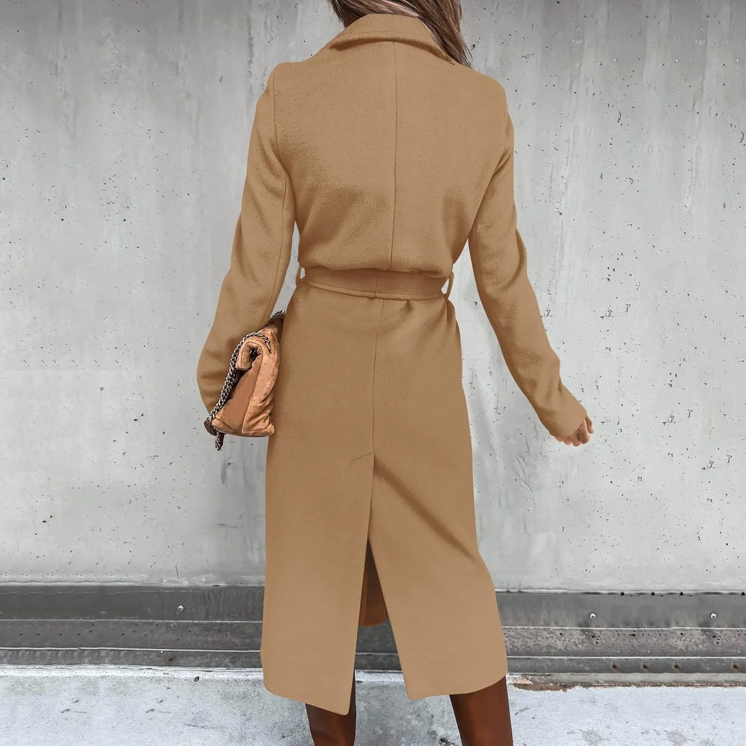 YRAETENM Women's Trench Coat Notch Lapel Collar Pea Coat Long Sleeve Wrap Coat Casual Fall Winter Long Overcoat with Belt