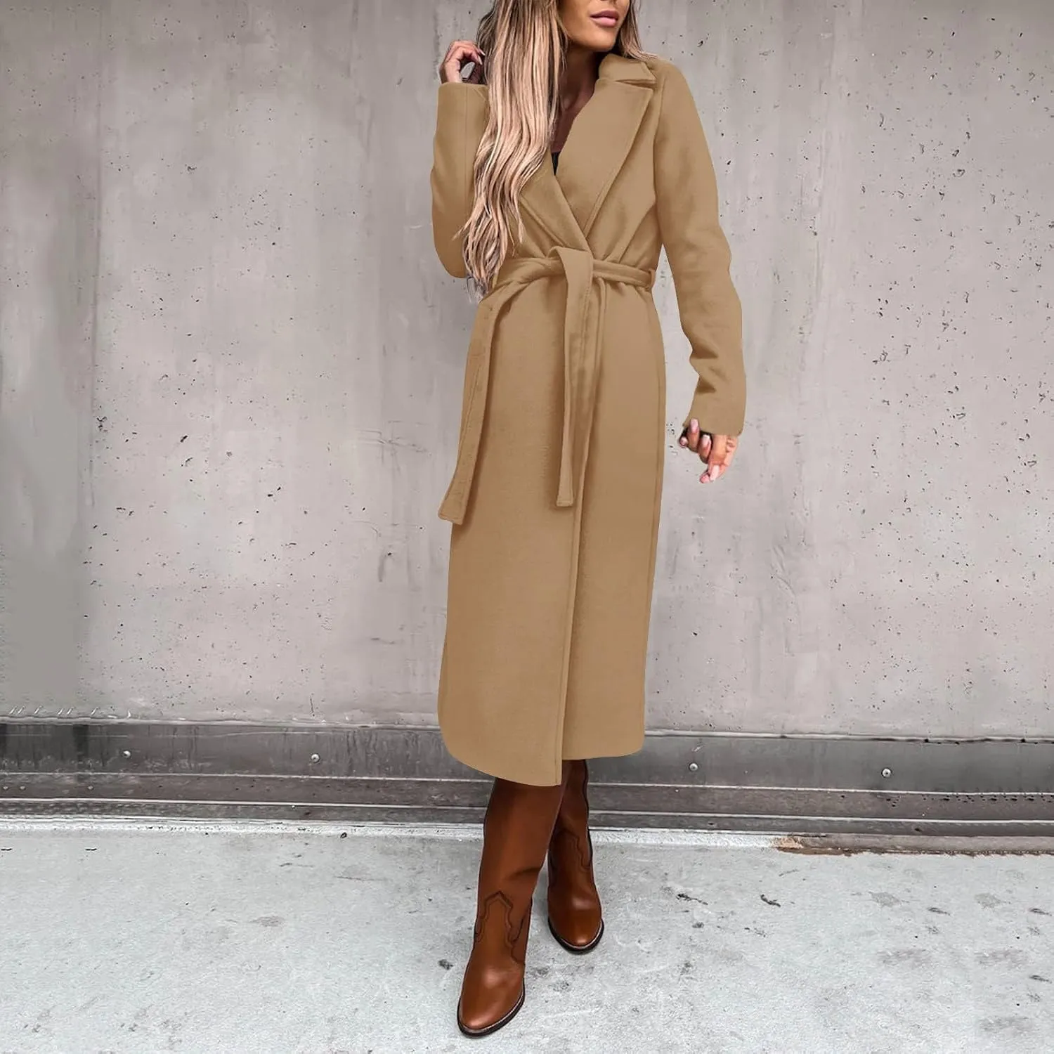 YRAETENM Women's Trench Coat Notch Lapel Collar Pea Coat Long Sleeve Wrap Coat Casual Fall Winter Long Overcoat with Belt