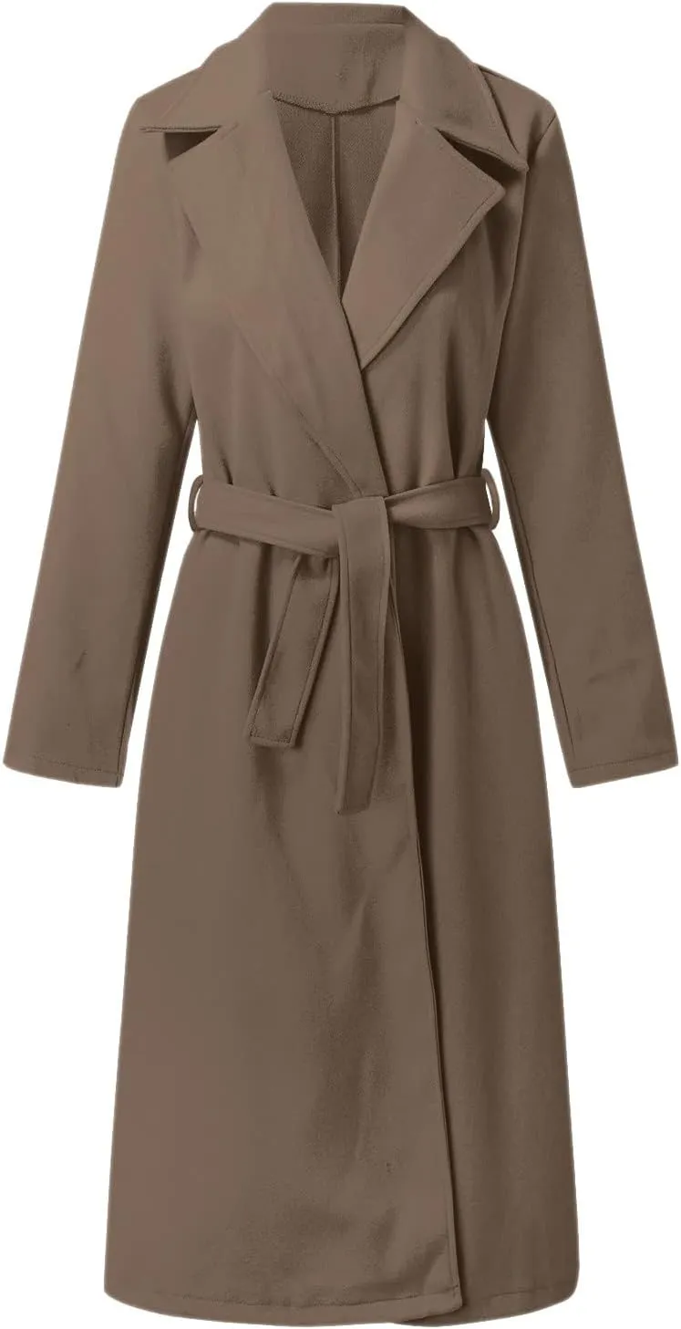 YRAETENM Women's Trench Coat Notch Lapel Collar Pea Coat Long Sleeve Wrap Coat Casual Fall Winter Long Overcoat with Belt