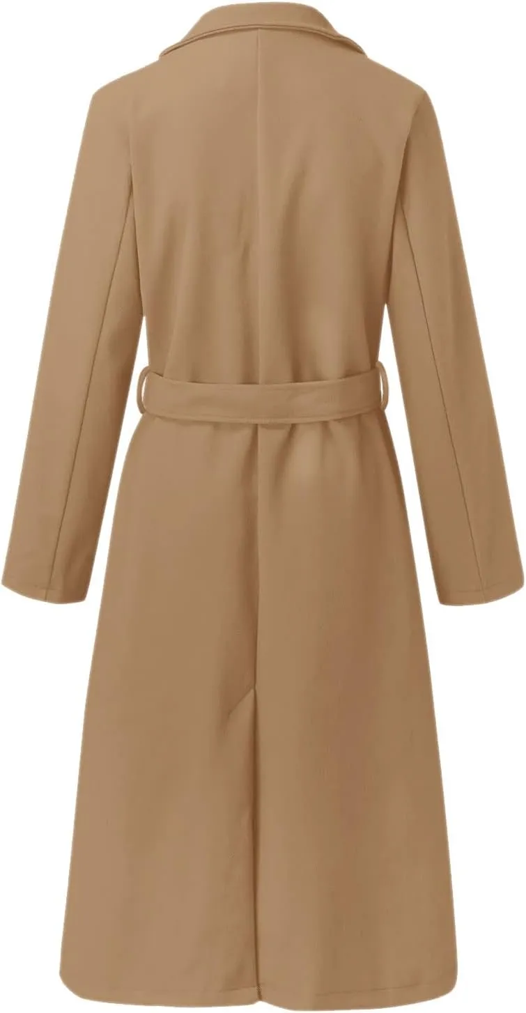 YRAETENM Women's Trench Coat Notch Lapel Collar Pea Coat Long Sleeve Wrap Coat Casual Fall Winter Long Overcoat with Belt