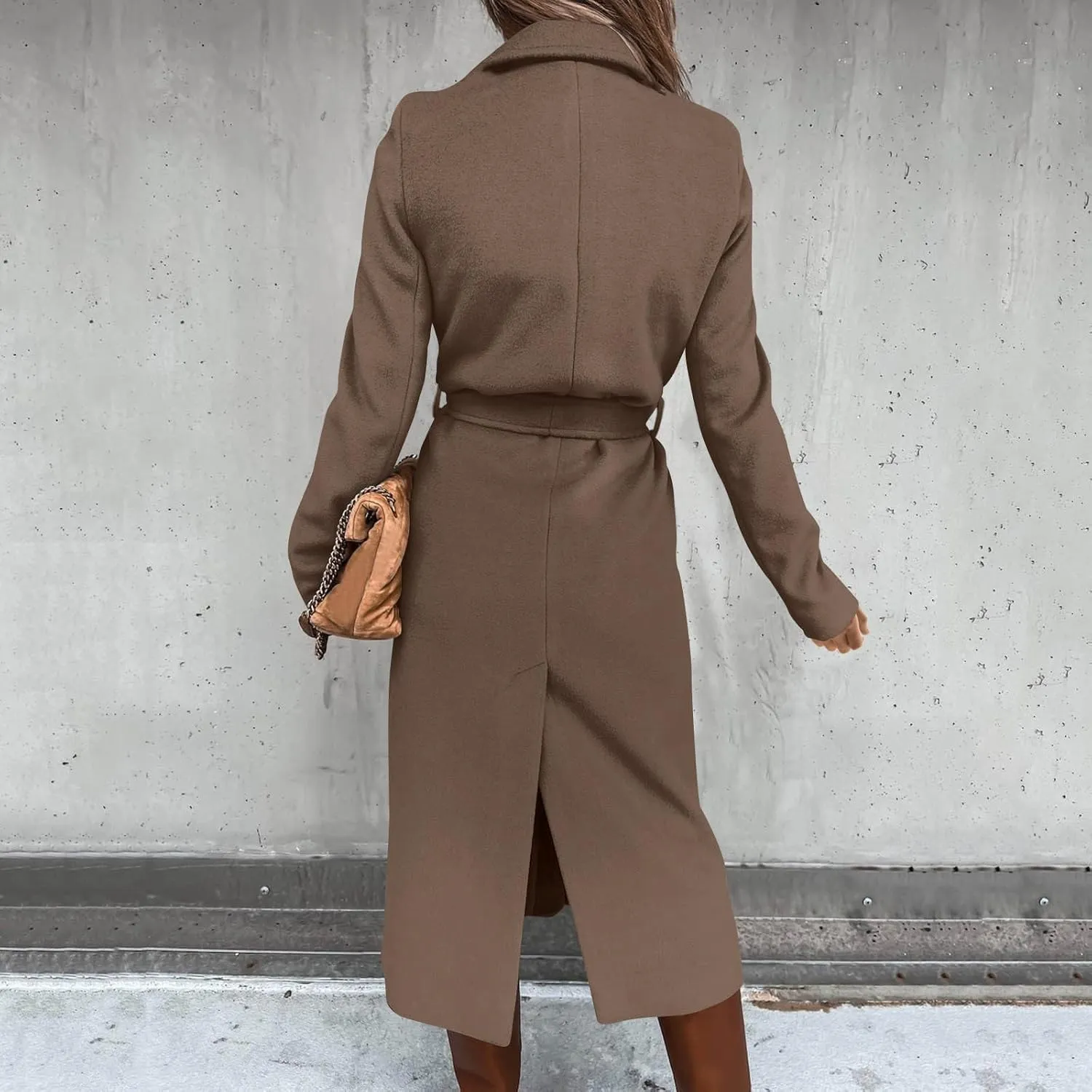 YRAETENM Women's Trench Coat Notch Lapel Collar Pea Coat Long Sleeve Wrap Coat Casual Fall Winter Long Overcoat with Belt