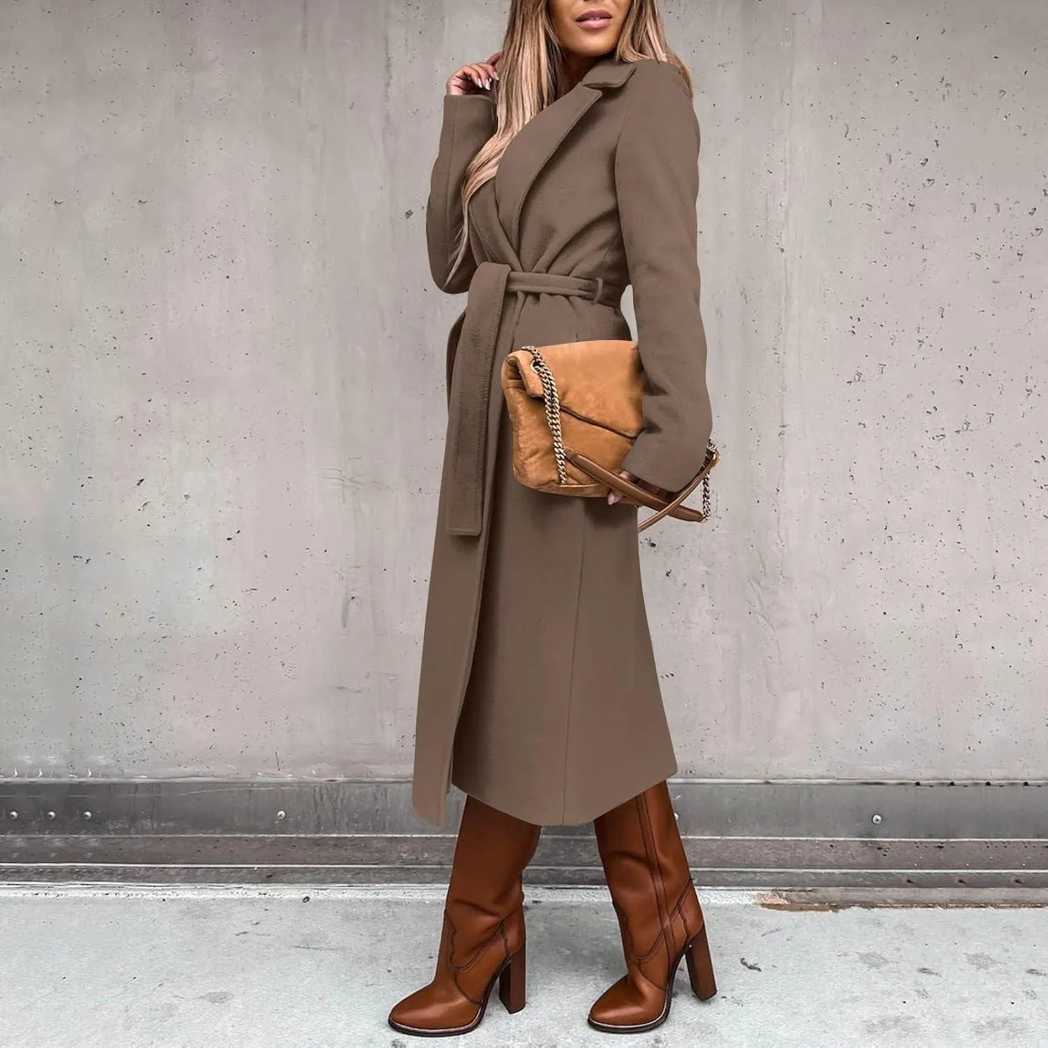 YRAETENM Women's Trench Coat Notch Lapel Collar Pea Coat Long Sleeve Wrap Coat Casual Fall Winter Long Overcoat with Belt