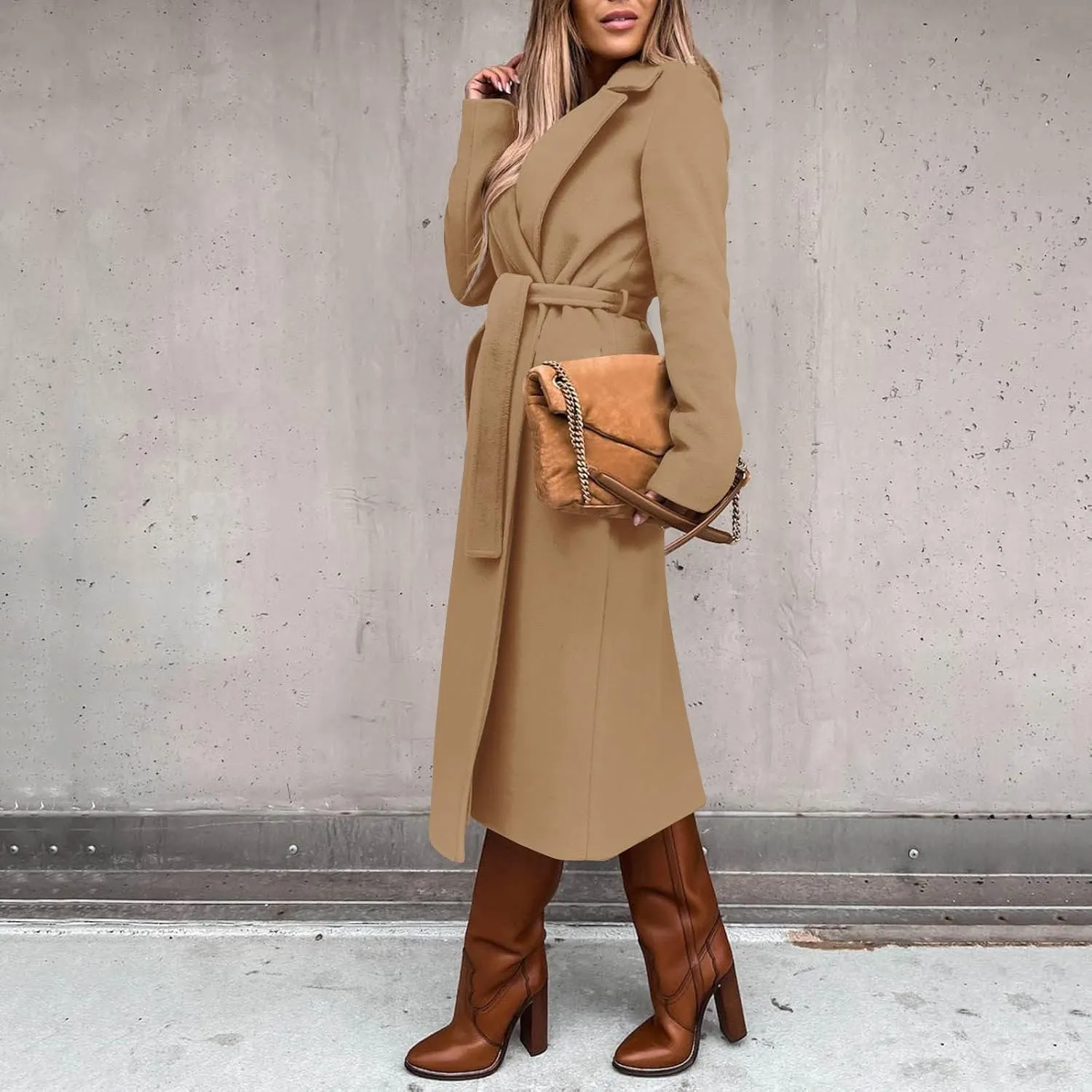 YRAETENM Women's Trench Coat Notch Lapel Collar Pea Coat Long Sleeve Wrap Coat Casual Fall Winter Long Overcoat with Belt